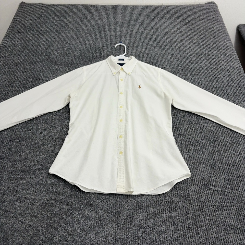 Ralph Lauren Button Down Shirt Womens 10 White Cotton Slim Fit Classic Preppy
